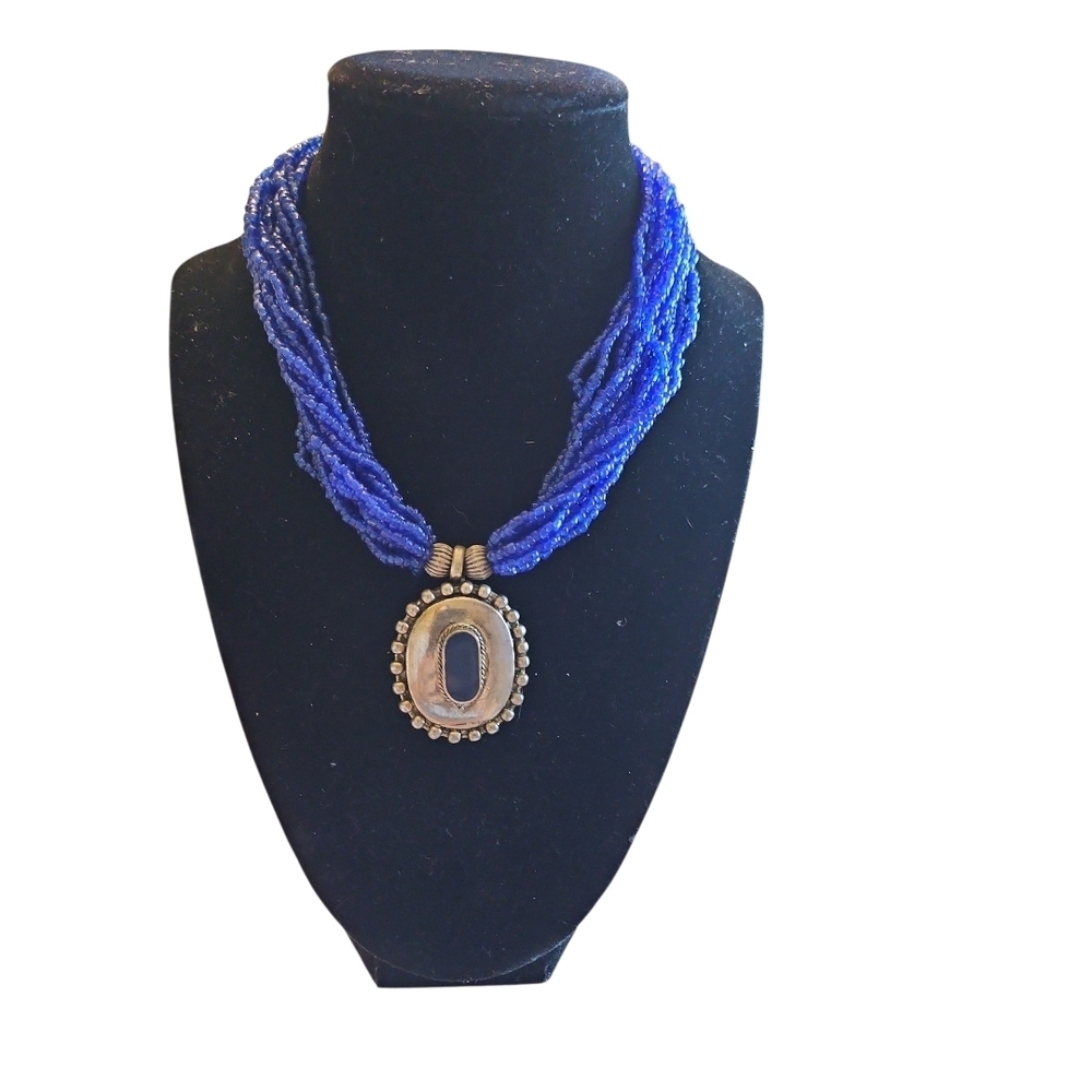 Blue Beaded Necklace w/Silver Pendant